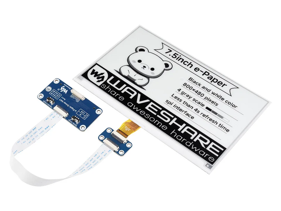 Waveshare 7.5inch E-Ink display HAT 800x 480 E-paper Module Black White, SPI No Backlight for Raspberry Pi 2B/3B/3B+/Zero
