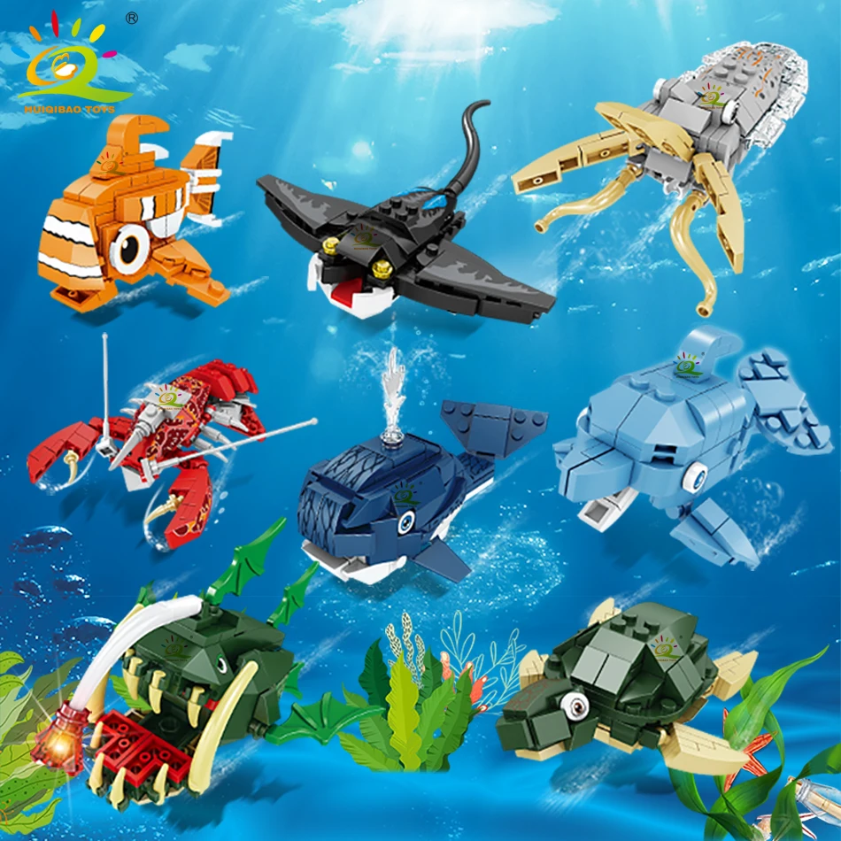 HUIQIBAO Moc Marine Animals Model Building Blocks Fish Shark Octopus City Construction Bricks Set Children Toys for Kids Gift