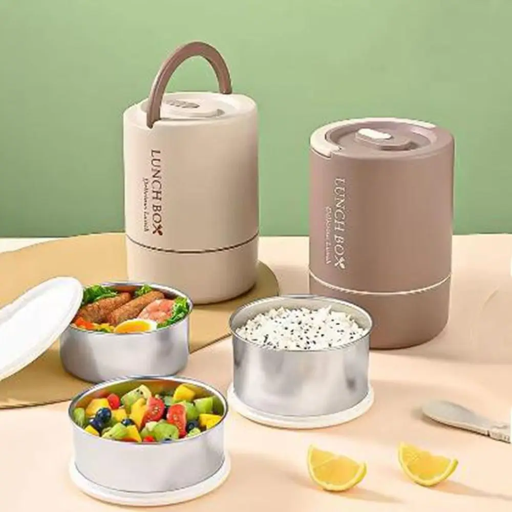 

Practical Stainless Steel 3 Layers Lunch Box Large Capacity Round Thermal Lunch Box Stackable Sealed Food Container Travel