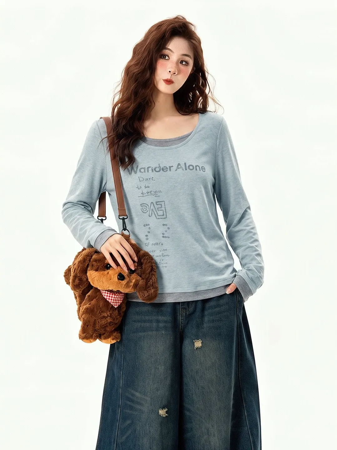 Blue Long Sleeve U-Neck T-Shirt Women's Slim Fit Base Shirt Korean Style Casual Fashion Autumn Top Unique Design Not Repeating