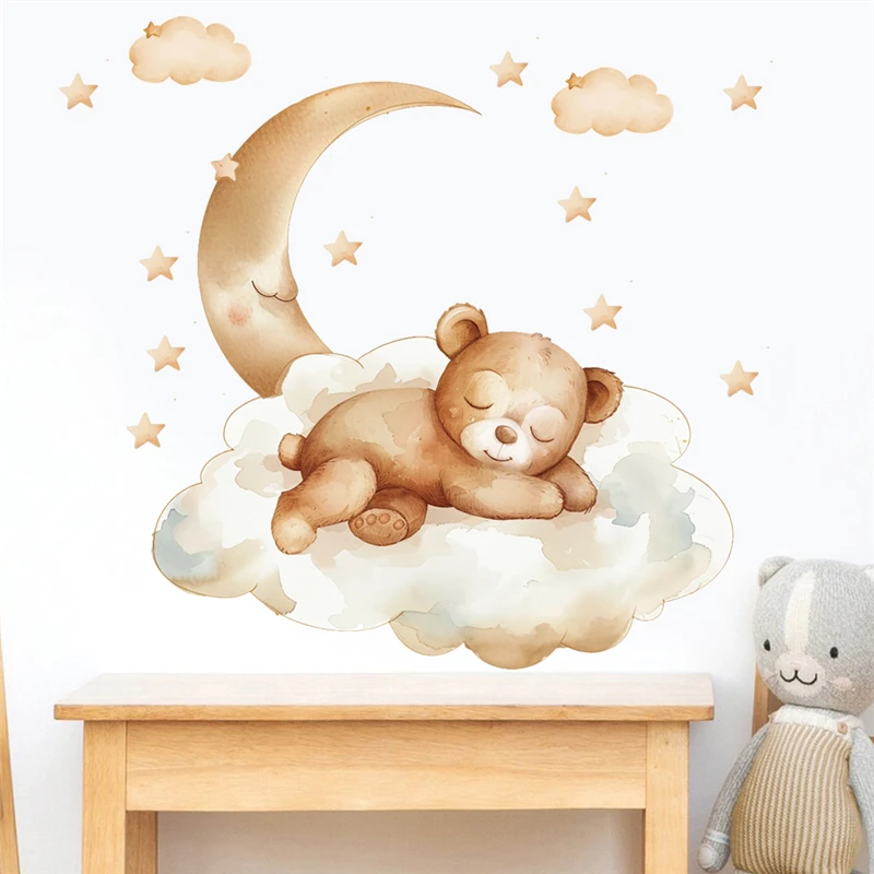 Sleeping Bear With Moon Cloud Star Wall Stickers Kids Bedroom Decoration Diy Cartoon Animals Mural Art Pvc Posters Home Decals