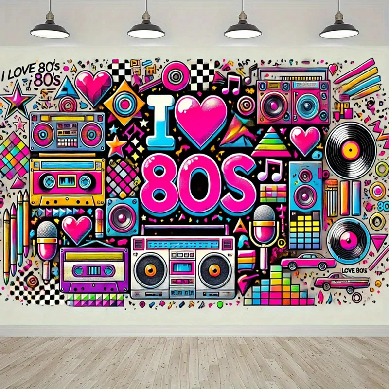 Un banner de fiesta retro de los años 80 con el mensaje 'One Piece of my love' - Fondo con temática de los años 80 en neón con reproductor de cintas, caja de música y motivos de notas.