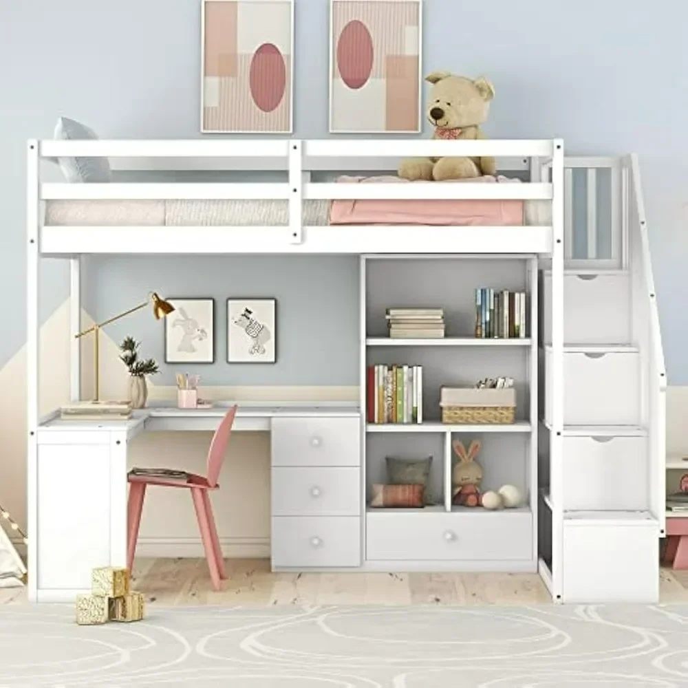 Bunk Beds Twin Loft Bed, Stairs and L-Shaped Desk, Solid Wood Loft Bed Frame with Bookcase and Storage Drawers, Loft Bed