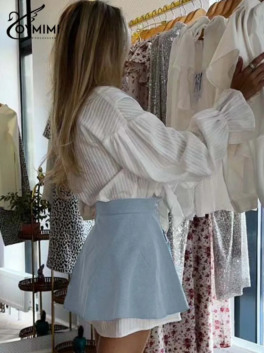 Oymimi Fashion Blue 2-częściowe zestawy damskie Eleganckie koszule z długim rękawem i bandażem w talii A-Line Mini spódniczki — zdjęcie 4