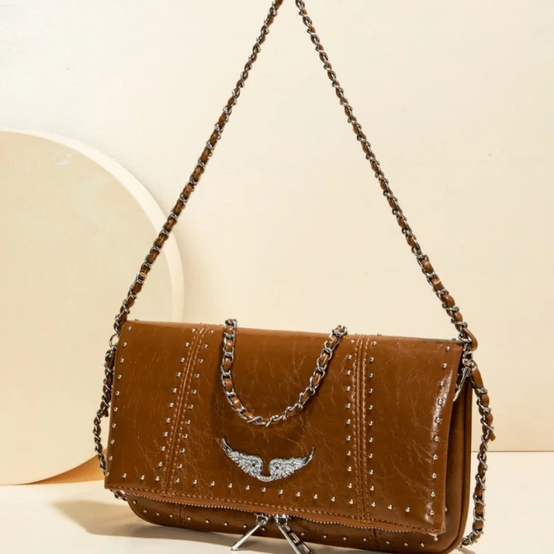 Edgy Streetwear Rivet Flap Crossbody Bag, Wing Embellishment Chain Shoulder Bag for Club Date Daily Outing