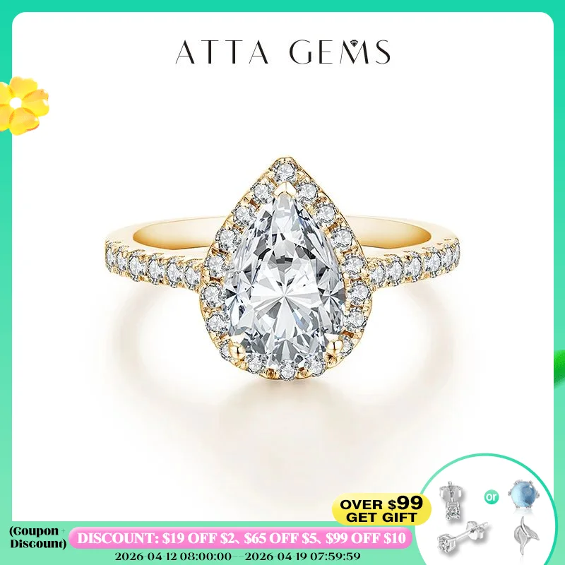 

ATTAGEMS Pear Cut 2.0CT D Color VVS1 Luxury Moissanite Ring Real 925 Sterling Silver for Women Engagement Wedding Jewelry Gift
