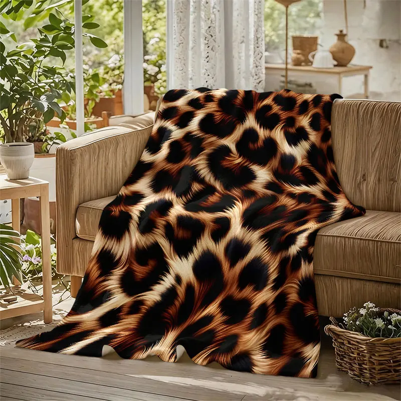 Classic Leopard Fur Texture Flannel Blanket Perfect for Sofa Office Bed Travel Sleep Read Relax Camping Four Season Use