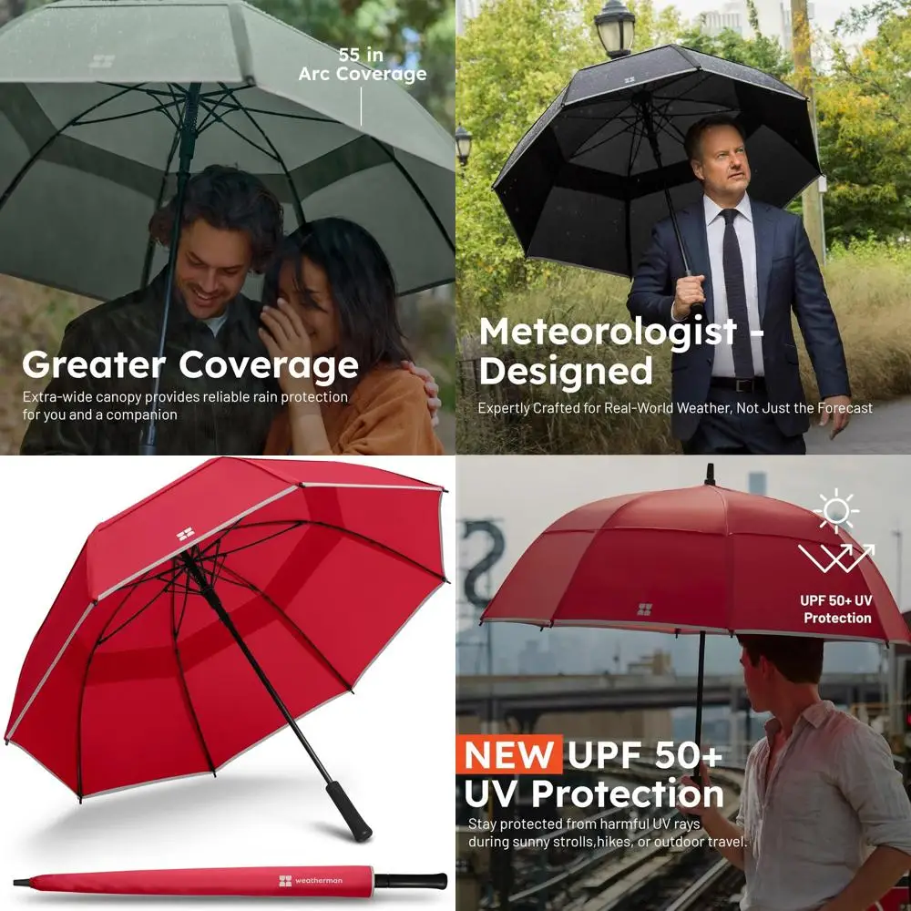 

Red Windproof Stick Umbrella, Strong Resistance to 55 MPH Gales