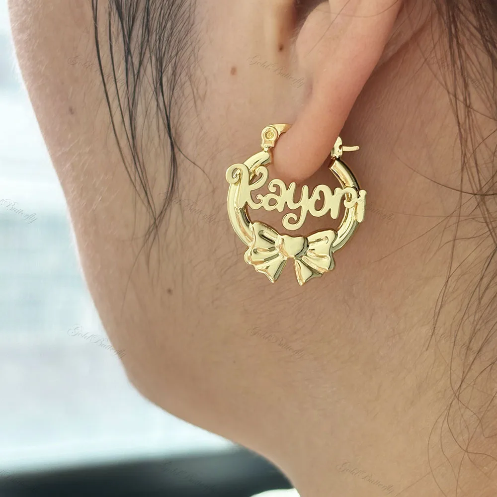 Custom Name Bow Hoop Earrings Personalized Letter Stainless Steel 22mm Mini Cute Small Summer Earrings for Women Birthday Gift