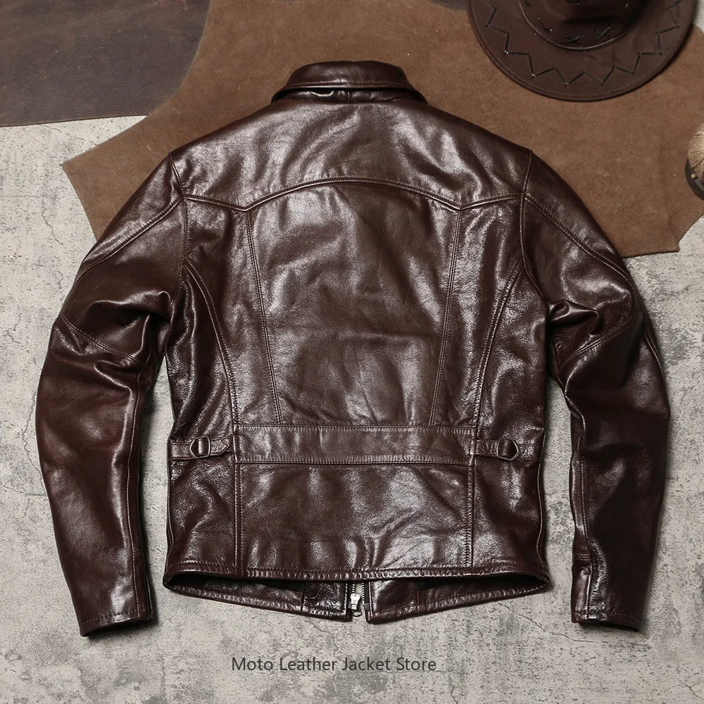 1930 Collared Slim Fit Genuine Leather Jacket, Waxed Glossy Soft Thin Goatskin Coat Washed Vintage Distressed Leather Outerwear - view 4