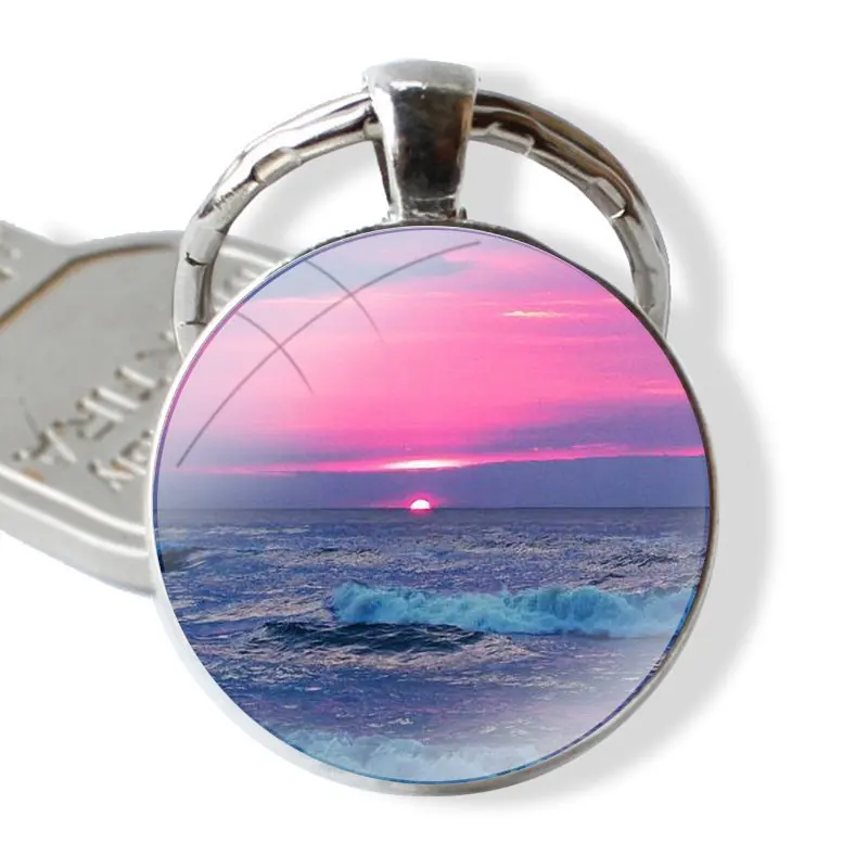 Keychain Handmade Glass Cabochon Key Ring Holder Pendant Key Chains Summer nature sea blue Ocean Waves