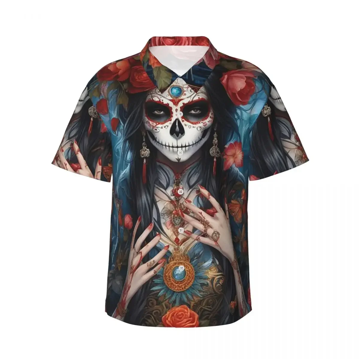 Mexican Catrina Sugar Skull Lady Men's Shirts Hawaiian Short Sleeve Shirt Funny Button Tops for Summer Beach