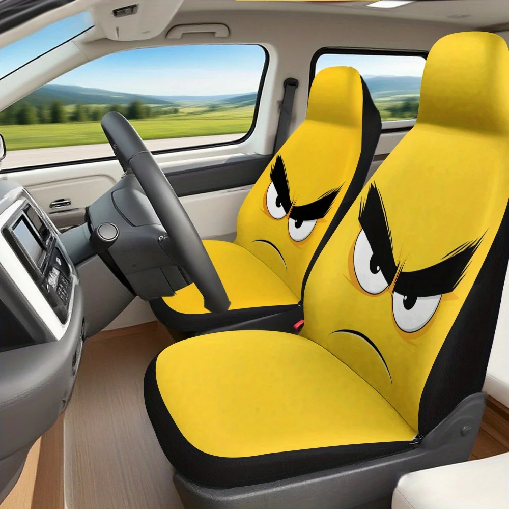 2pcs  Car Seat Covers Set Cartoon Angry Face Print, Premium Vehicle Seat Covers Stylish Design Fits Daily Commutes