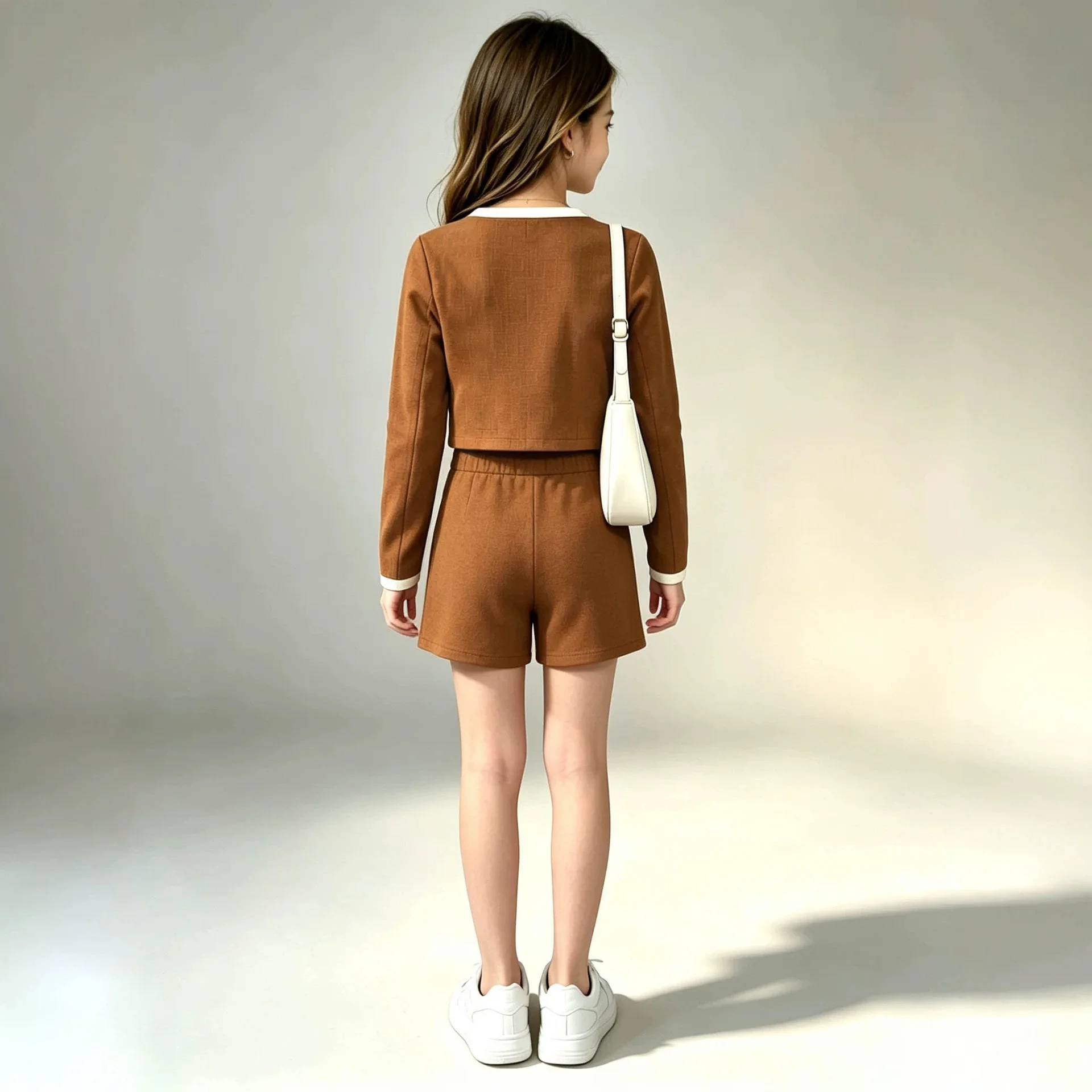 2026 Autumn girls Cloth Brown Child set long sleeve Teens t shirt crop top cardigan bow + irregular mini pleated skirt 5Y 8Y 12Y