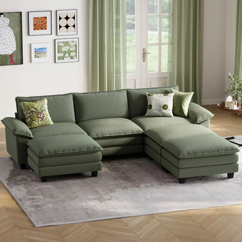 Sectional Sleeper โซฟา - 123 ''Modular Cloud โซฟาขนาดใหญ่ Corduroy โซฟาเตียงเคลื่อนย้ายได้ Ottoman นุ่มโมเดิร์น Comfy โซฟา