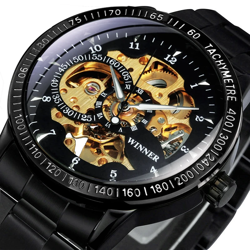 

Winner Military Automatic Watch For Men Black Gold Skeleton Mechanical Watches Luxury Brand Stainless Steel Strap Reloj Hombre