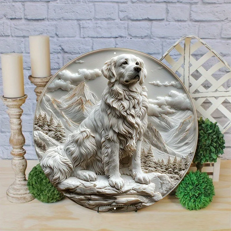 Metal Sign Art Set of 1,Round, Great Pyrenees Dog in Winter Scene, Waterproof HD Printed,Weather-Resistant for Home & Club Decor