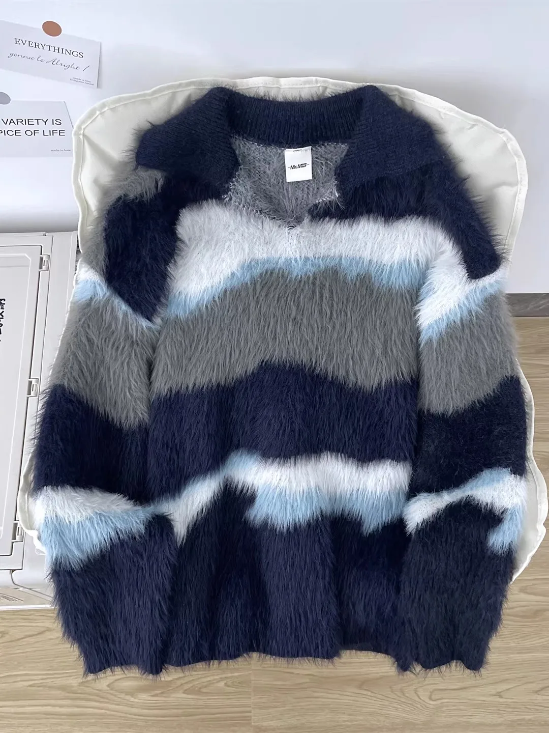 

Men's Winter Knitted Sweater Soft Faux Fur Striped Collar Warm Comfortable Vintage Sle Casual Loose Fit Long Sve T-irt