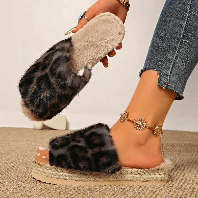 

2025 Women Fur Slippers Luxury Plush Cotton Slides Shoes Women Winter Flats Platform Straw Woven Sole Open Toe Flip Flop Shoes