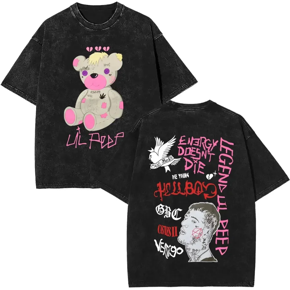 Customization Shirt Rapper Lil Peep Music Album Bear Crybaby Vintage Washed T Shirts Men Women Hip Hop Oversized Short Sleeve T-