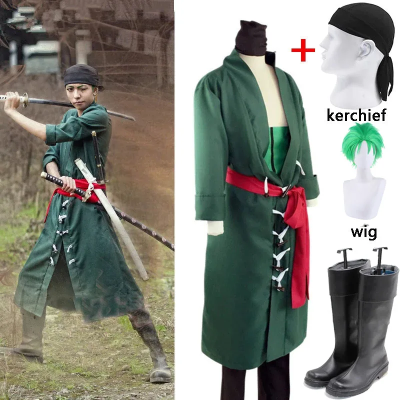 5 pz Anime giapponese Roronoa Zoro Costume Cosplay Comic Halloween Cosplay robe Set completo fazzoletto parrucca Zoro Cosplay stivali scarpe