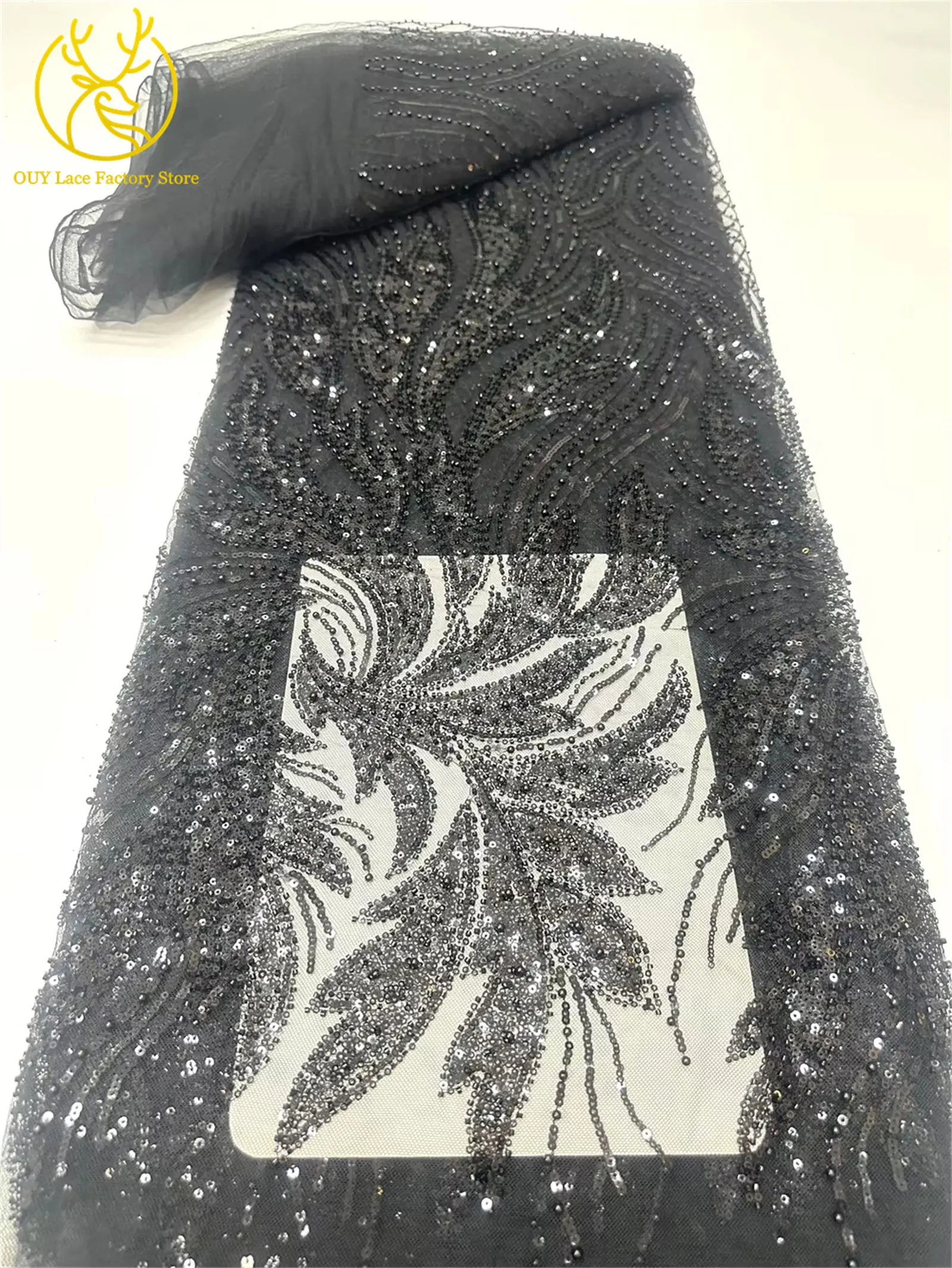 Luxuriöser Afrikanischer Bräutigam Perlenverzierter Tüll-Spitzenstoff Goldene Französische Pailletten-Spitze 5 Meter Nigerianischer Stoff für Brautkleider – Detail 14