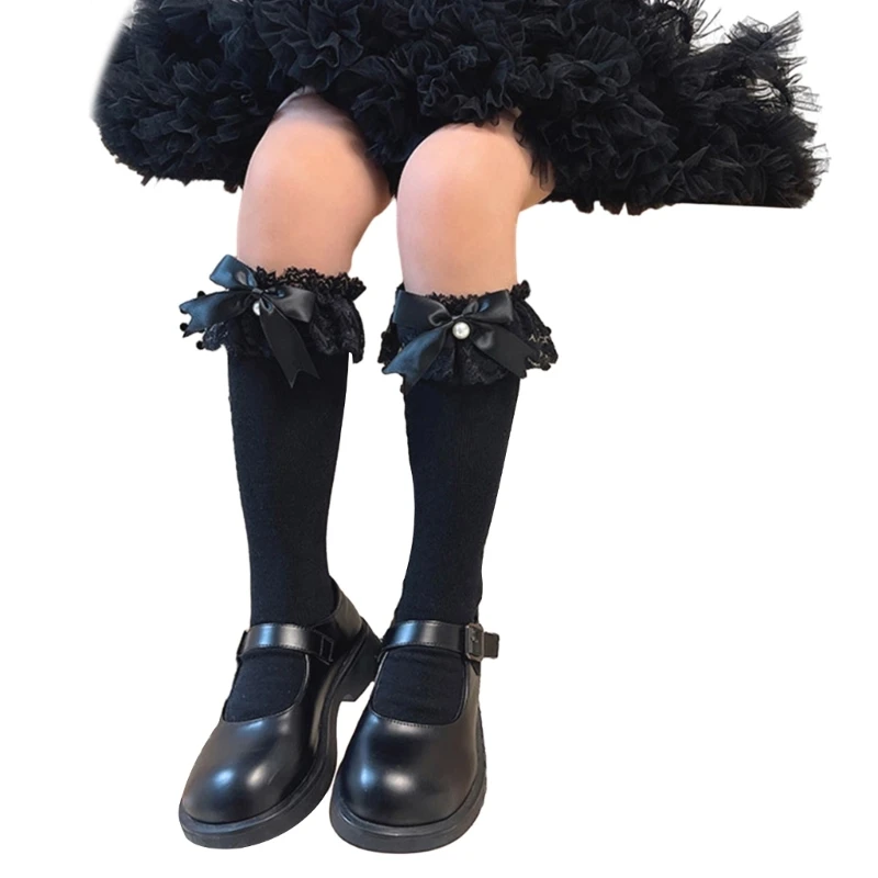 Girls Lace Edged Long Socks with Bows Beaded Embellishments, Fashionable Infant Baby Calf Length Socks Lovely Footwear