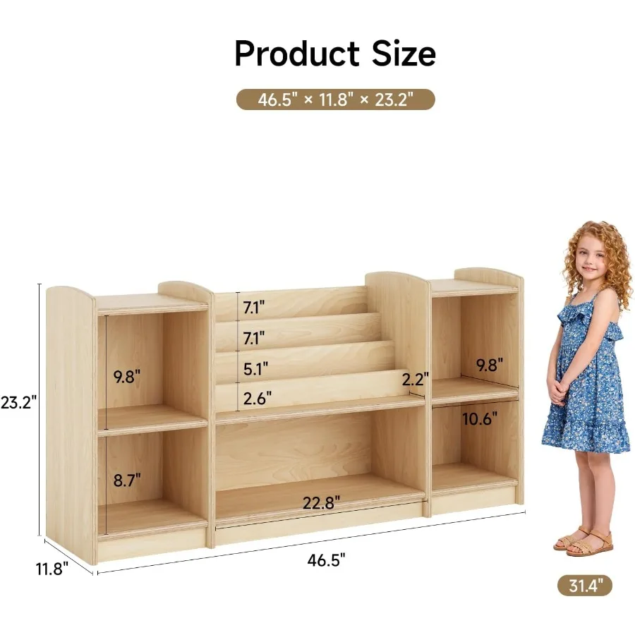 Wooden Montessori Shelf with 3-Tier Bookshelf, Natural