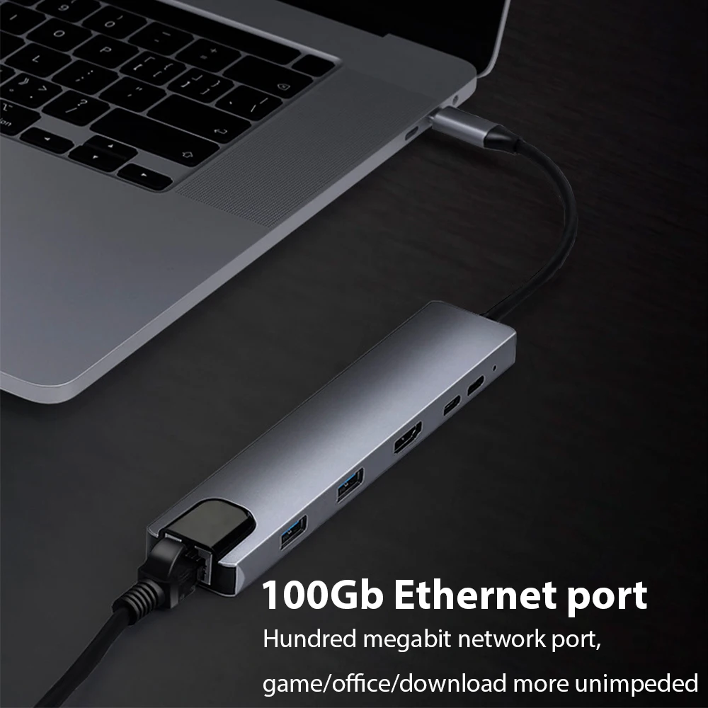 محور USB من النوع C ناقل الحركة العالي RJ45 6 في 1 محطة إرساء USB 3.0 تدعم 65 وات محطة إرساء الكمبيوتر المحمول للشحن العكسي USB C