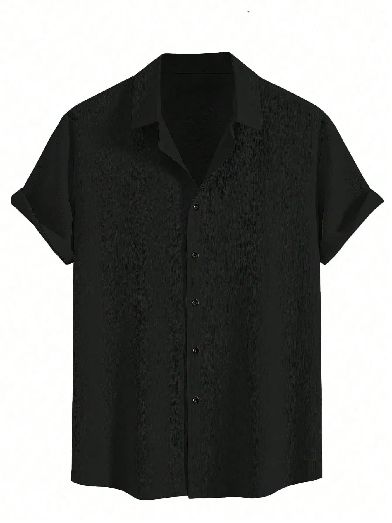 

Men's Black Short Sleeve Textured Button-Down Shirt, Wrinkle-Resistant Casual Summer Top