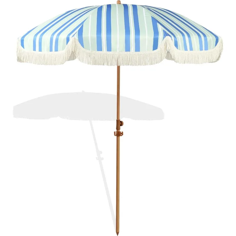 

6.5ft Patio Umbrella with Fringe, Beach Fringe Umbrella Outdoor Patio with Hanging Hook, Tilting Aluminum Pole, UV 50+