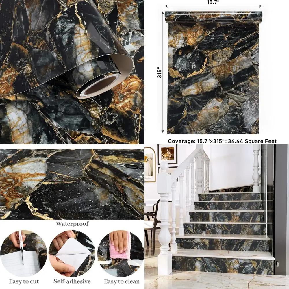 ورق حائط كبير من الرخام الأسود والذهبي قابل للإزالة مقاوم للماء ذاتي اللصق وقابل للإزالة للمطبخ والحمام #1