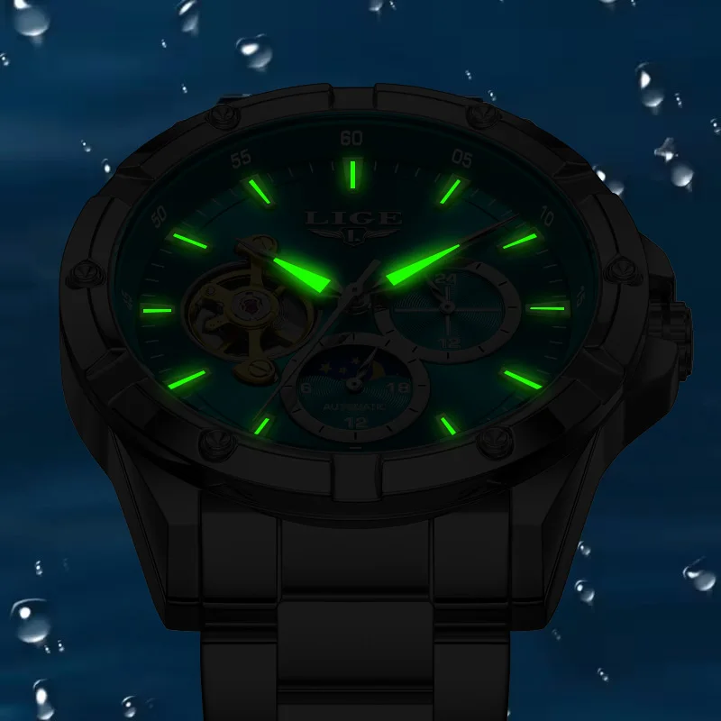 LIGE جديد توربيون ساعات أوتوماتيكية للرجال موضة الأعمال ساعة رجالية فاخرة رياضية مقاوم للماء ساعة يد ميكانيكية للرجال
