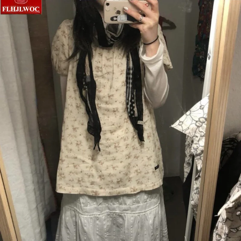Chic Cute Tunic Tops Floral Blouses New Japanese Style Short Sleeve Slim Casual Retro Vintage Bow Tie Babydoll Shirts