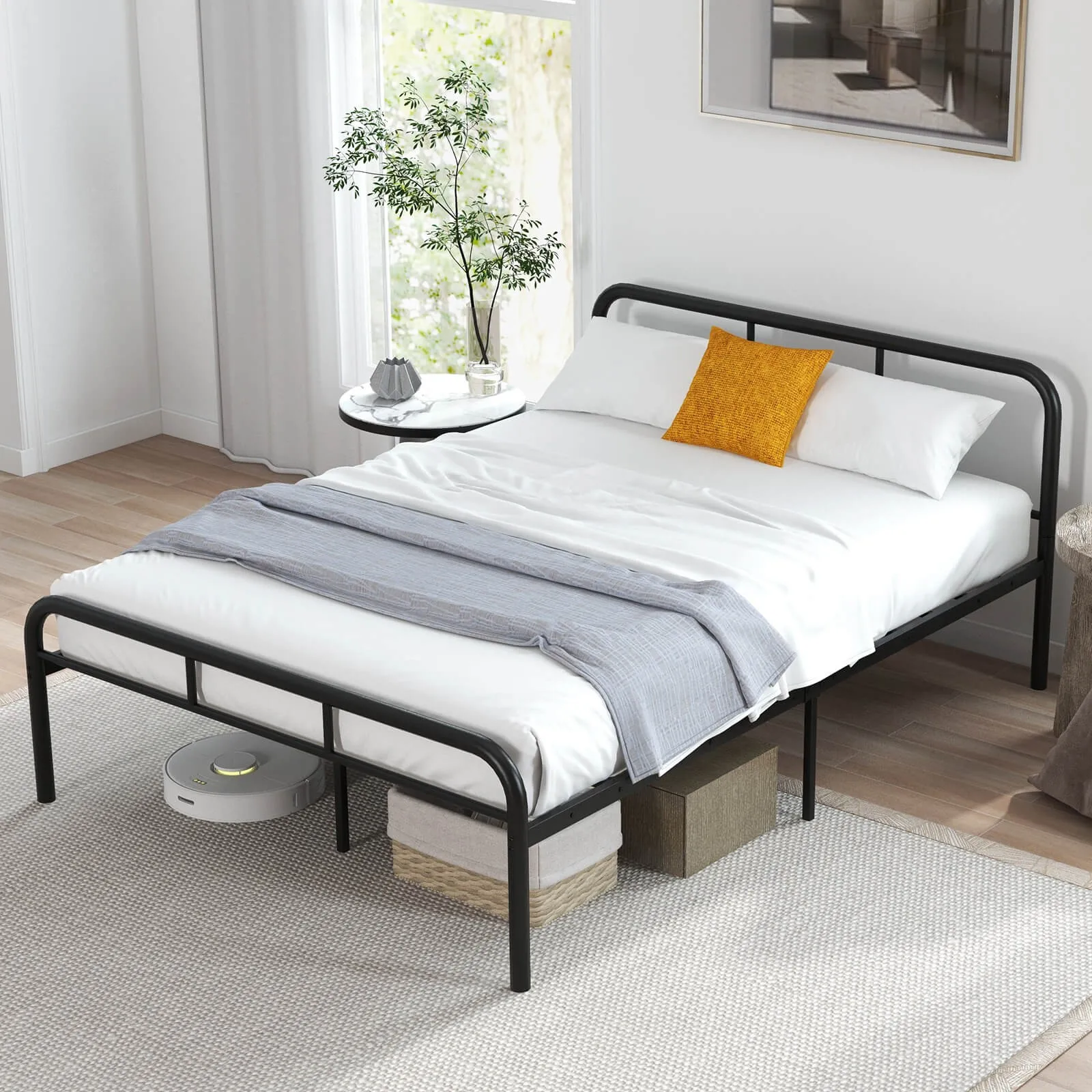 

Full Size Bed Frame Metal Platform Bed Base with Headboard & Footboard Black