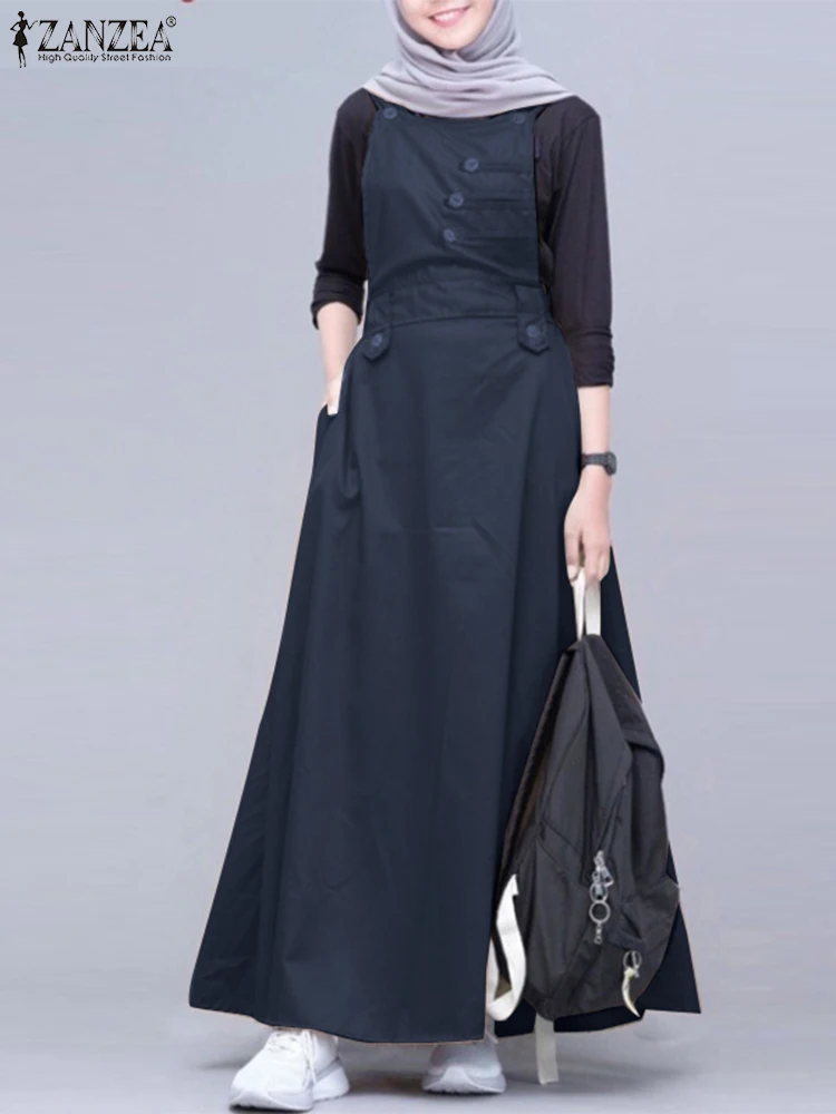 ZANZEA Muslim Fashion Dresses Casual Holiday Long Robe Women Autumn Dress Sleeveless O-Neck Solid Vestidos Sundress Abaya Kaftan