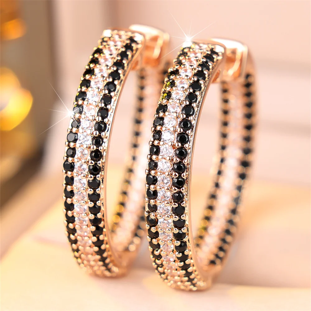 Three Row Small Round Stone Black Crystal White Zircon Hoop Earrings For Women Trendy Gold Color Ear Buckle Wedding Jewelry Gift