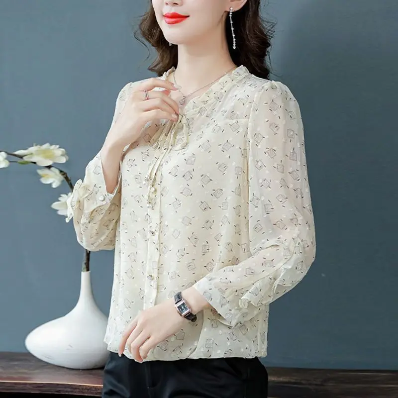 Women Ruffle Lace Up Elegant Blouses Spring Autumn Korean Floral Print Shirts Chic Sweet Long Sleeve Tops Blusa Mujer Moda 2023