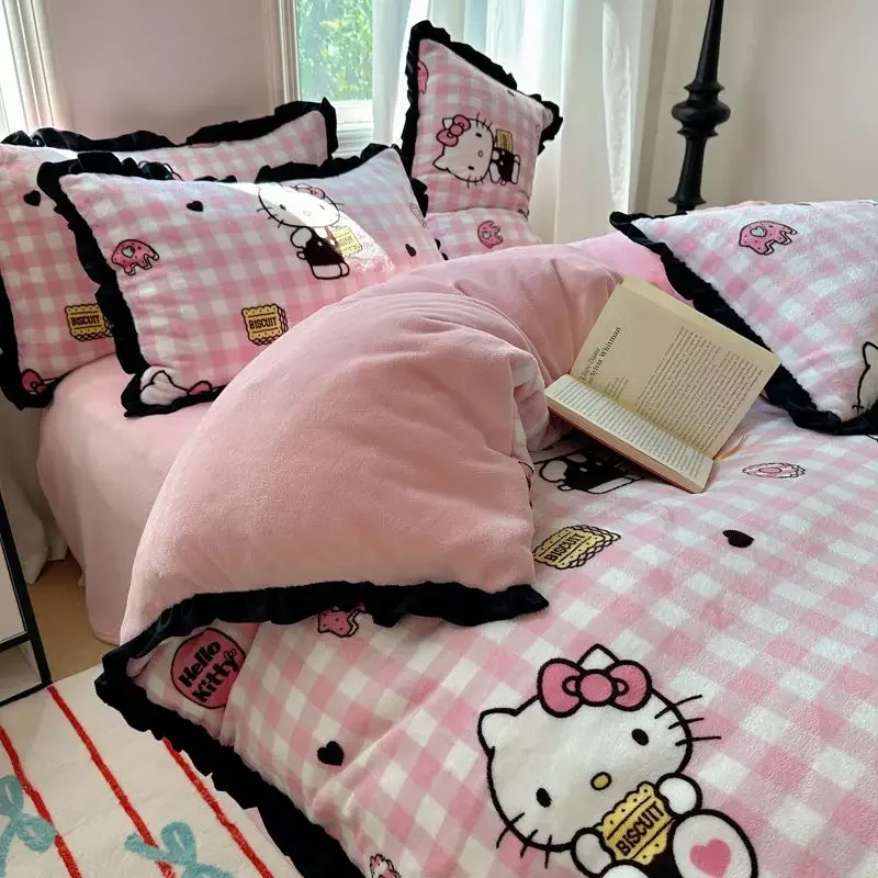 Sanrio My melody Kuromi Cinnamoroll Milk Velvet Cartoon Cute Print Home Bedroom Dormitory Sheets Four-piece Set for Girls Gift