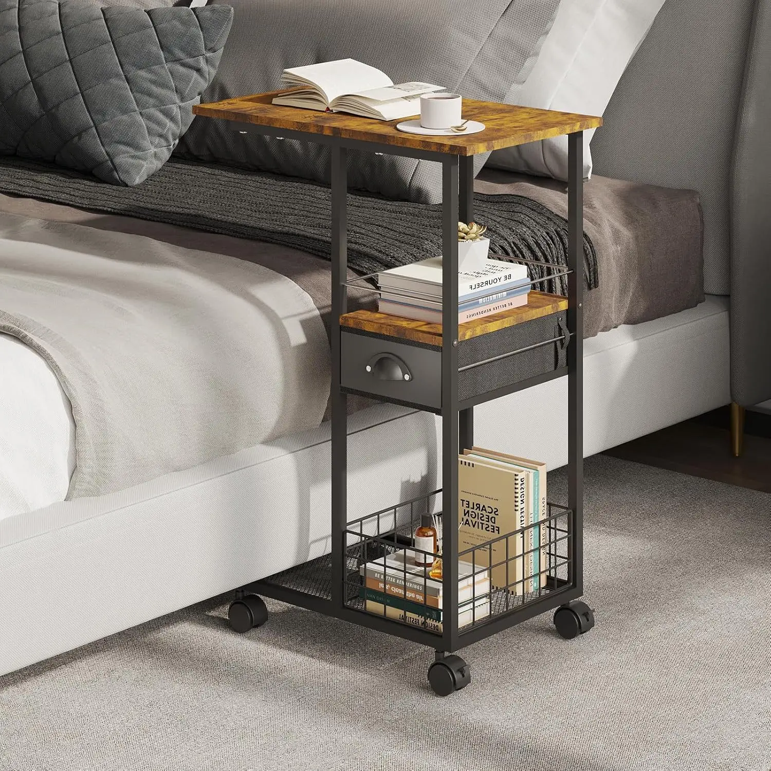 Vintage Side Table Portable Luxury Coffee Table C-Shaped Living Room Shelving Unit, Rolling Cart with Wheels