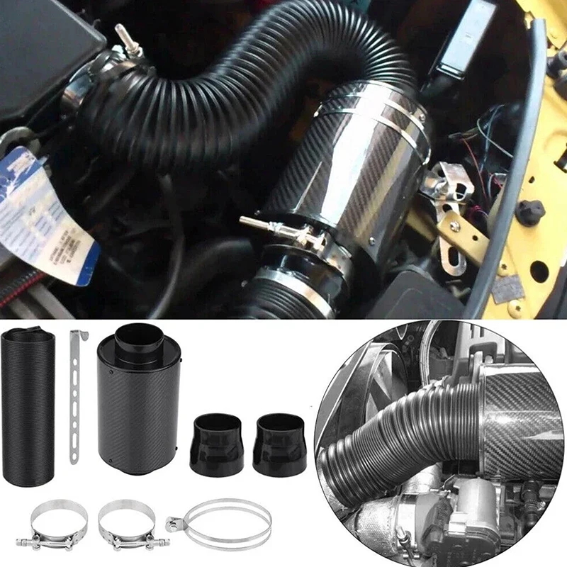 1 Set Universal Car 3 Inch Carbon Fibre Cold Air Filter Feed Enclosed Intake Induction Pipe Hose Kit Universal