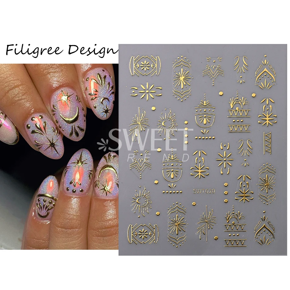 Bronzing Filigree Metal Nail Stickers Holographic Silver Totem Moon Star Sun Chrome Adhesive Sliders DIY Manicure Decor Supplies