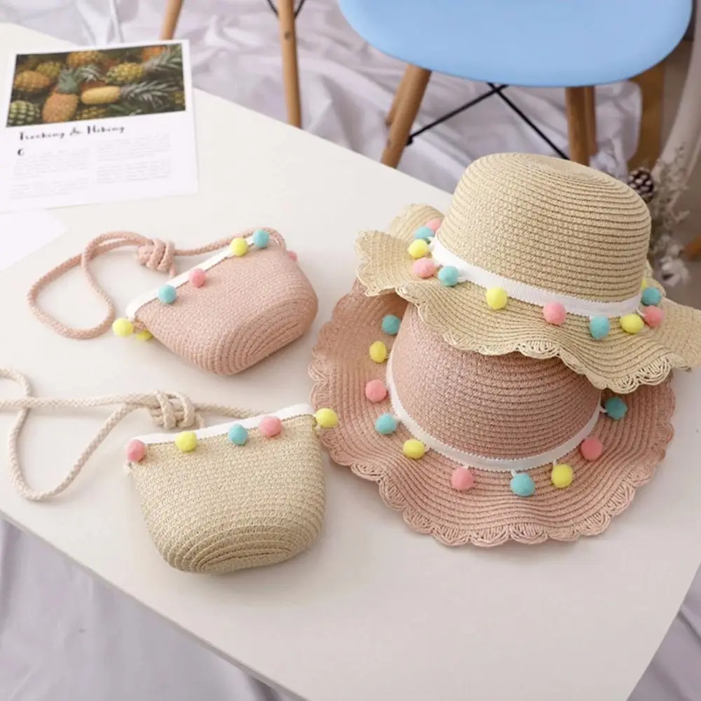 

Girls Fashion Colorful Pompom Ball Summer Hat Floppy Straw Woven Handbag Beach Hat Bucket Cap