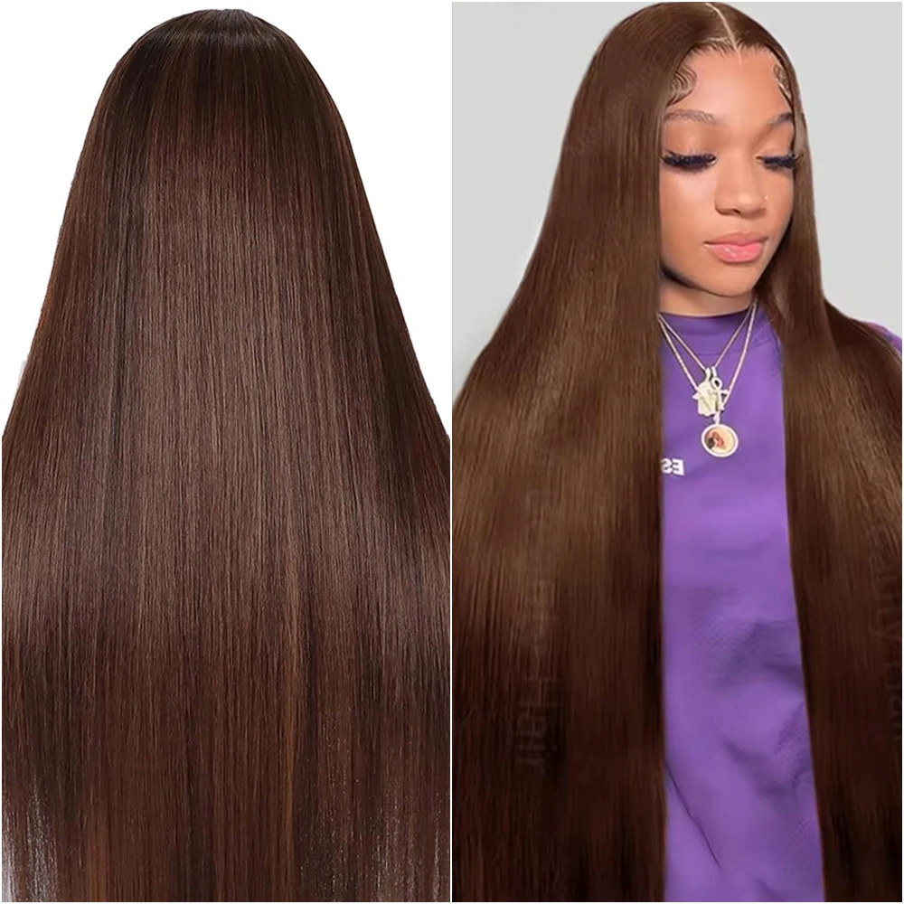 

40-дюймовые прямые парики из натуральных волос шоколадно-коричневого цвета, бразильские парики с предварительно выщипанными прядями, 13x6 HD кружевные фронтальные парики для женщин, плотность 200%