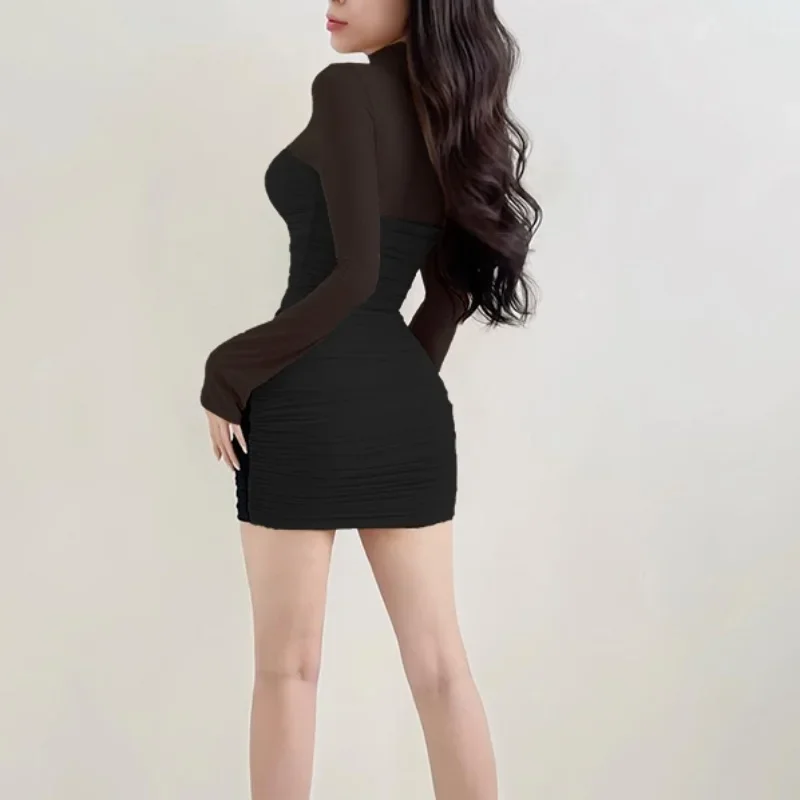 Halbhohen Kragen Mesh Splice Langarm Transparent Sexy Mädchen Kleid Sommer Neue Stil Pure Desire Kurzen Rock frauen kleidung