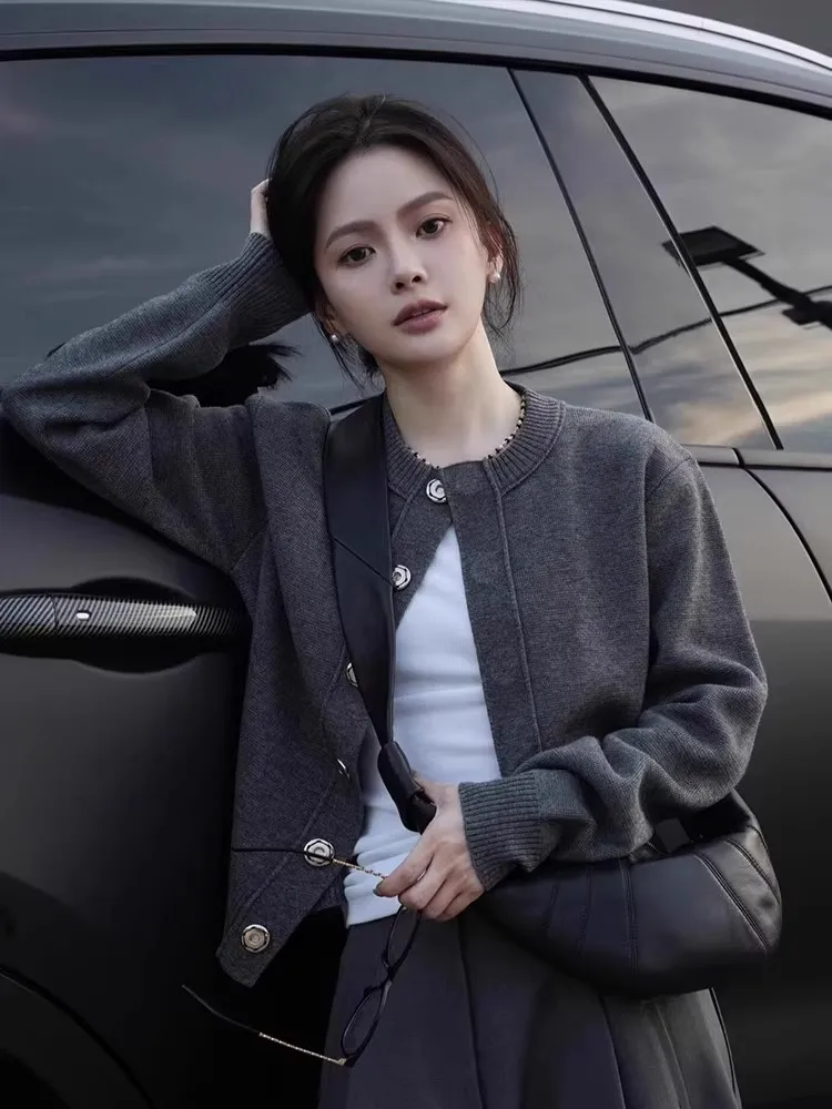 Cardigan en cachemire pur gris 100% de haute qualité pour femme, court, ample, décontracté, Joker, pull tricoté, manteau d'automne et d'hiver