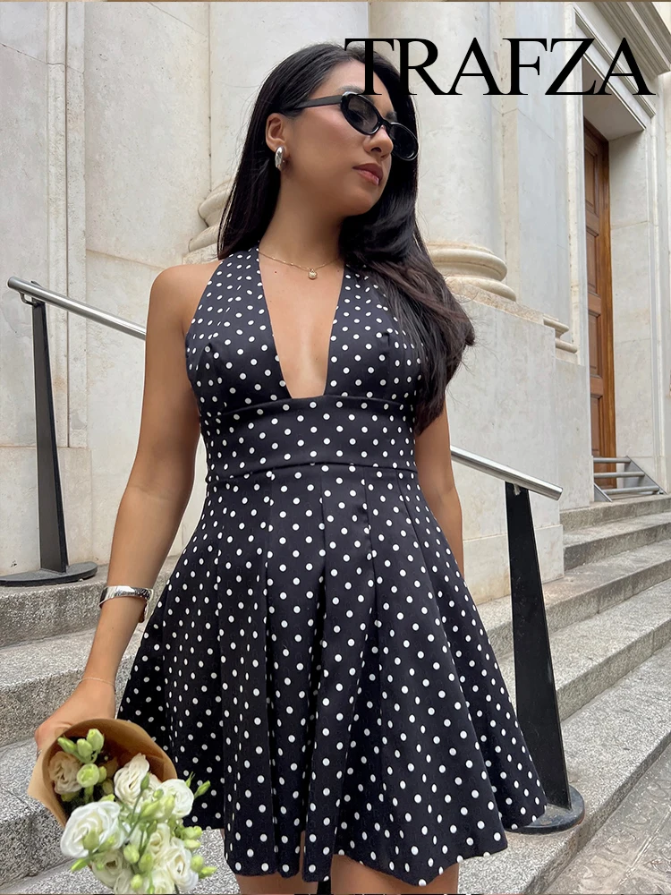 

HH Woman Summer Vocation Sexy Zipper Party Sleeveless Dress Female Fashion Temperament Bow Polka Dot Print Slim Mini Dress