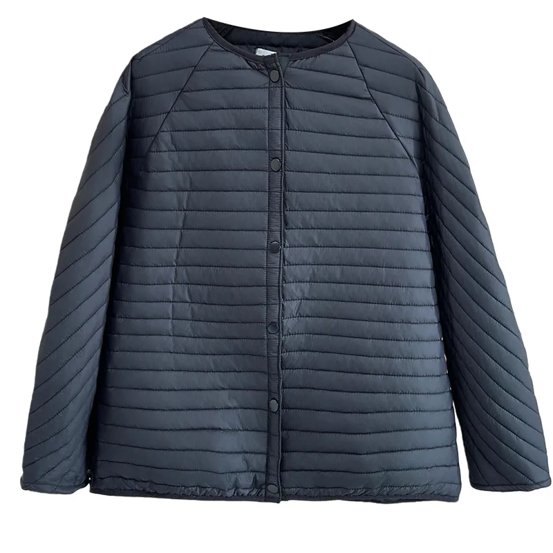 

XXXXL Fashion Plus Size Women's Parkas Autumn And Winter New Simple Collarless Thin Padded Jacket Warm Casual Striped Coat 1740