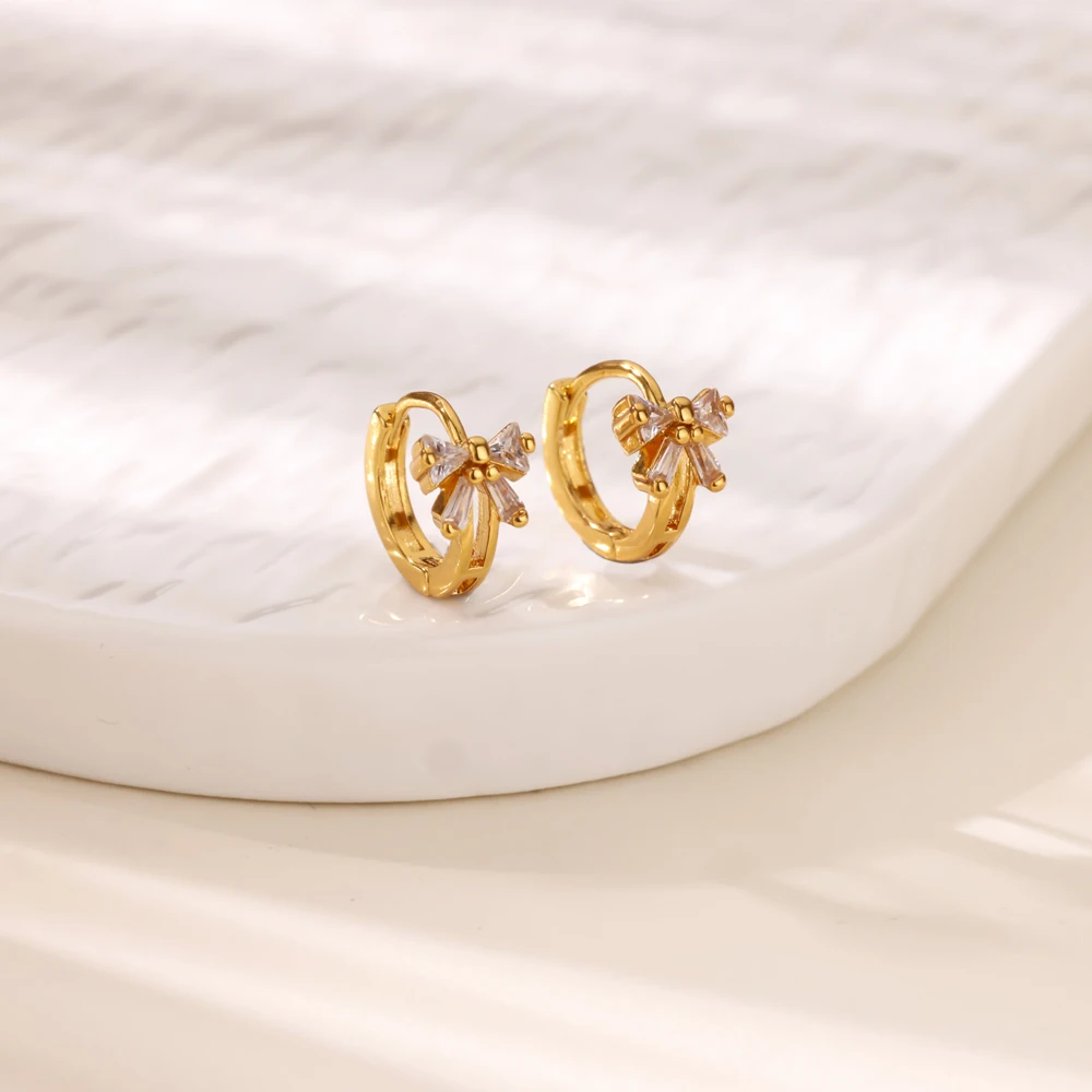 Bow Synthetic Zircon Mini Hoop Earrings Women Gold Color Stainless Steel Jewelry Elegant Small V Geometry Ear Piercing Christmas