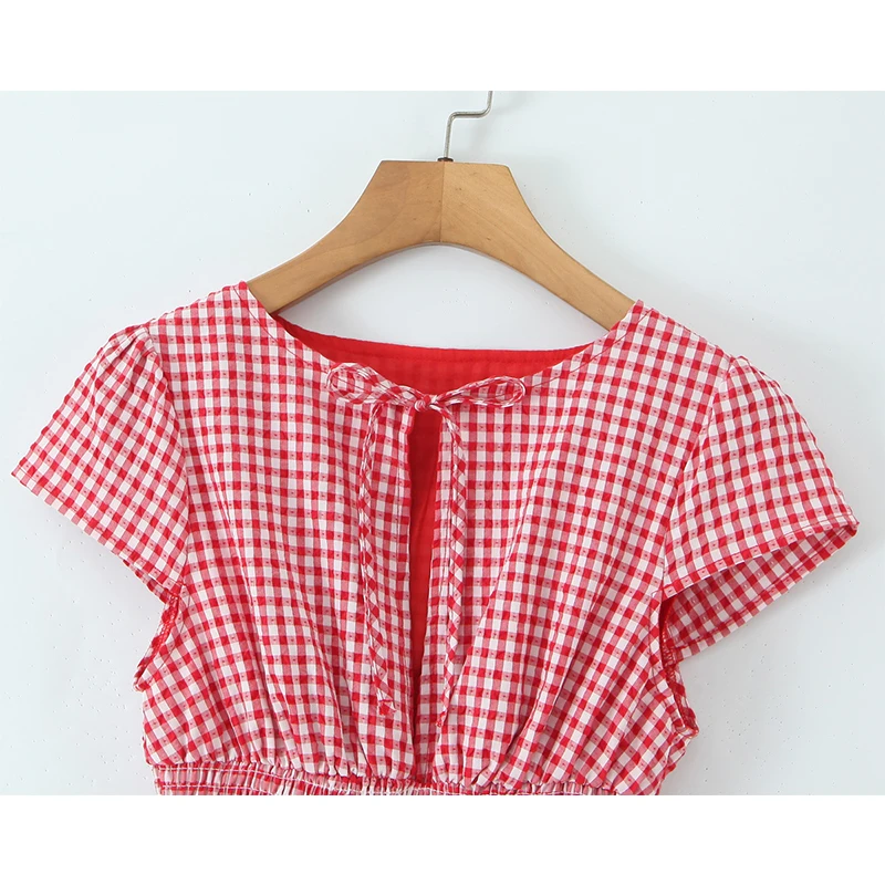 Letnie sukienki damskie w kratę z krótkim rękawem i dekoltem w serek na lato 2025, eleganckie, codzienne, mini, w kształcie litery A.